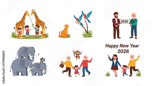 Animated New Year Moments: A vibrant collection of animated scenes capturing the joy and anticipation of the year 2026. This illustration depicts family, friends, animals, and festive themes.