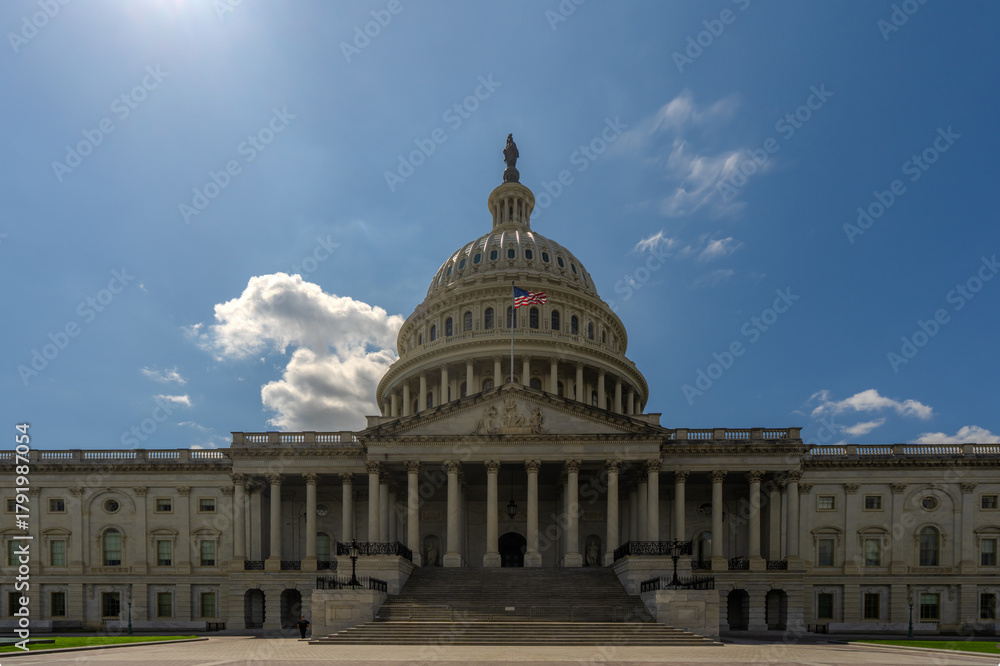 Naklejka premium Washington DC Capitol dome. Congress and Senate building. American federal government house. Historic Capitol Hill landmark. United States national symbol. Famous architecture in the capital.