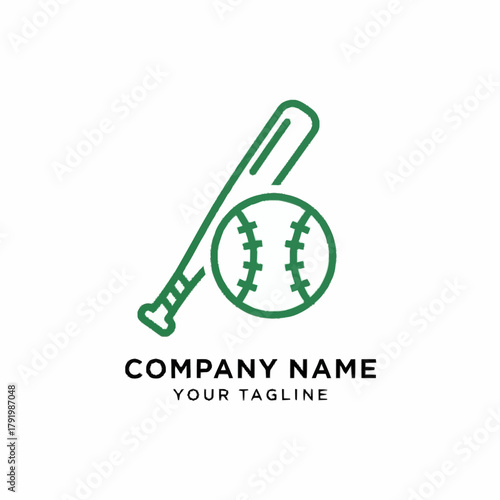 Minimalist green line art logo featuring a baseball and bat icon for a sports brand.