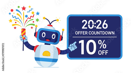 Tableau sur toile Digital Celebration: A cartoon robot character joyfully ignites a firecracker, while a digital display announces a limited-time offer with a countdown timer