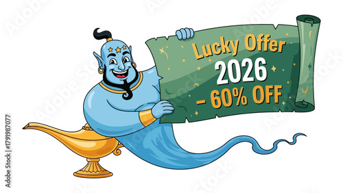 Magic Offer of the Year 2026: A cartoon genie, with an inviting smile and holding a scroll bearing a tempting discount offer, beckons viewers into a world of irresistible deals.