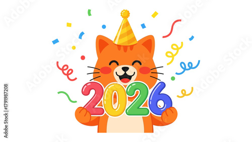 New Year Celebration with Cat : An adorable animated cat, wearing a festive hat, joyfully holds the numbers 2026, amidst a shower of colorful confetti and streamers.