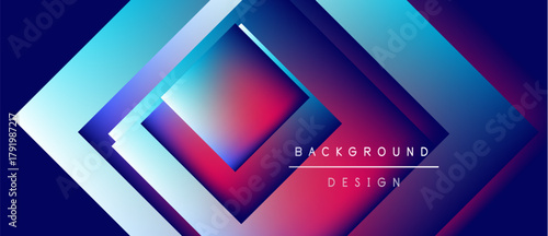 Abstract geometric design. Vivid gradients create layered squares, blue, pink, purple hues dominate. Text reads background design. Modern aesthetic.