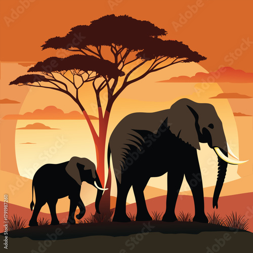 A majestic african sunset with two elephants walking near a tree, creating a beautiful silhouette against the orange sky