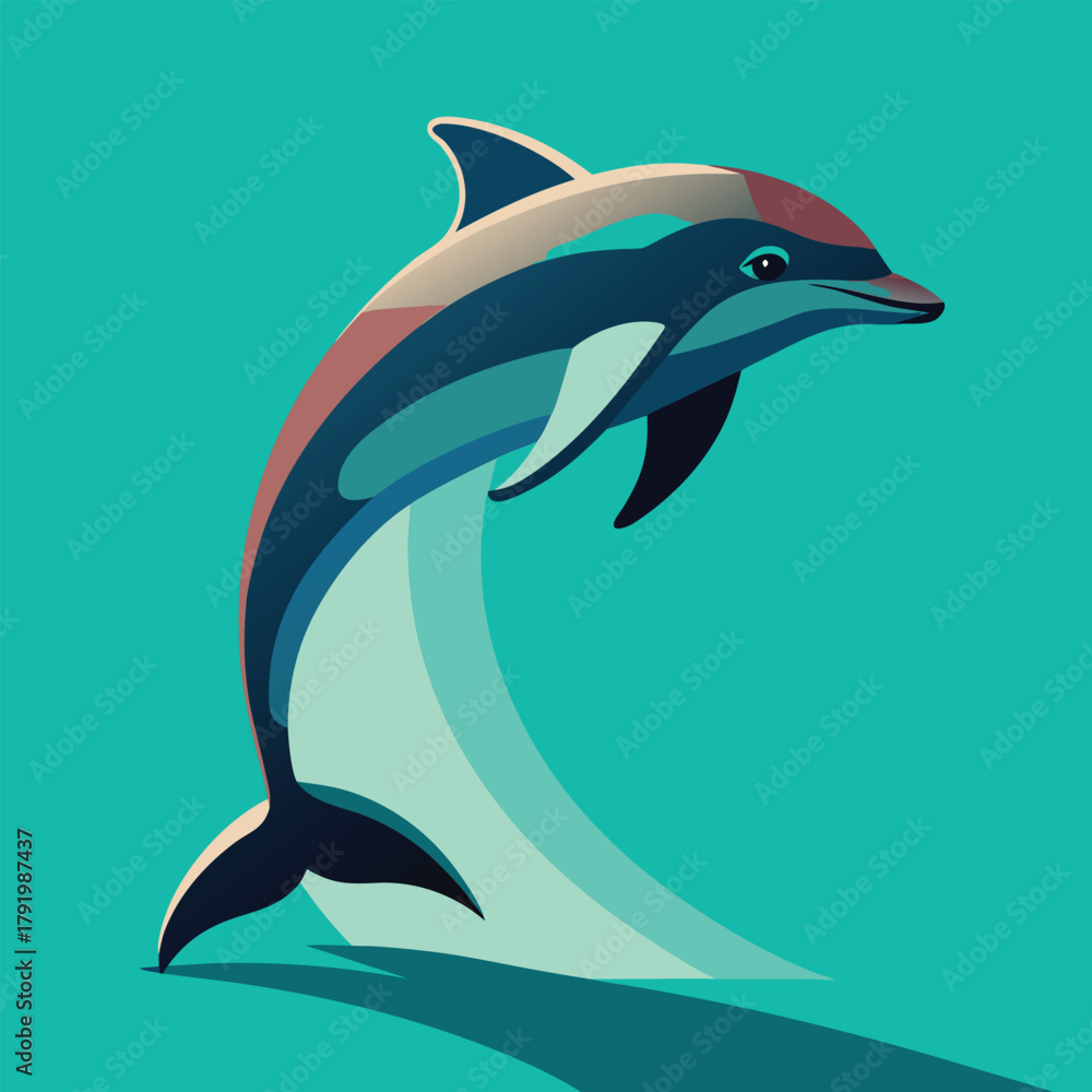 Fototapeta premium Illustration of a dolphin leaping out of the water with a turquoise background in a vector style