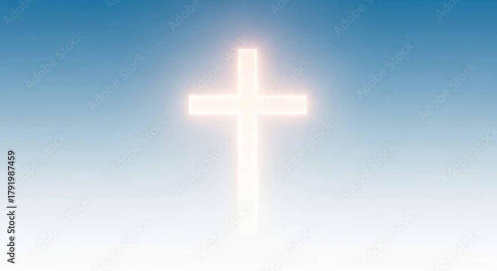 Fototapeta premium Christian New Year blessing banner, blue–white gradient, cross glowing softly 