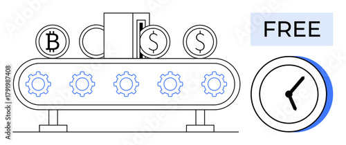 Conveyor belt producing dollar and cryptocurrency coins alongside free time symbol. Ideal for finance, automation, investment, time management, technology, efficiency, passive income themes. Simple