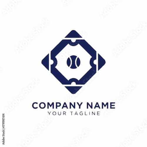 Abstract baseball field logo with a tennis ball at its center, representing sports and recreation.