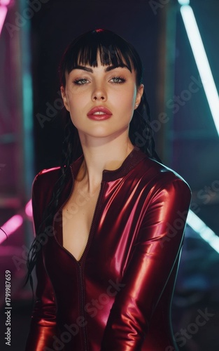 Latex fashion style female portrait, fashion and make-up shoot. Latex bodysuit, catsuit. Clubbing, New Wave, Dark style fashion. Dark smokey make-up, red lipstick. Dramatic. Elegant.	