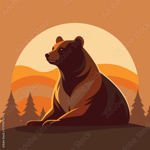 A brown bear sits amidst a forest landscape at sunset, creating a tranquil and picturesque nature scene