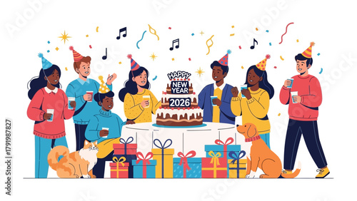 New Year Celebration: A cheerful group gathers around a festive cake, surrounded by gifts and festive decorations, as they celebrate the arrival of the New Year.