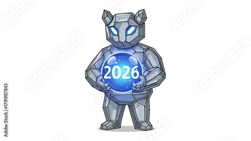 Crystalline Bear in the Future: An artistically rendered crystalline bear, a symbol of strength and the future, holds a glowing orb, illuminating the year 2026.