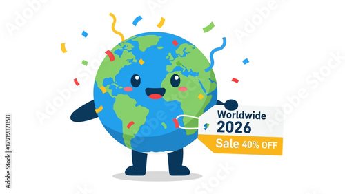Global Sale Celebration: A cheerful globe mascot promotes a worldwide sale, offering a significant discount on a global scale.