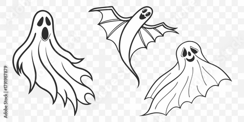 Three outlined cartoon ghosts in different poses for halloween themed design and decoration element created with generated ai