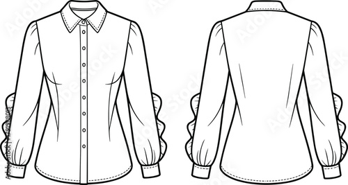 Women ruffle sleeve shirt fashion flat vector, long sleeve blouse CAD drawing with collar and button front technical sketch