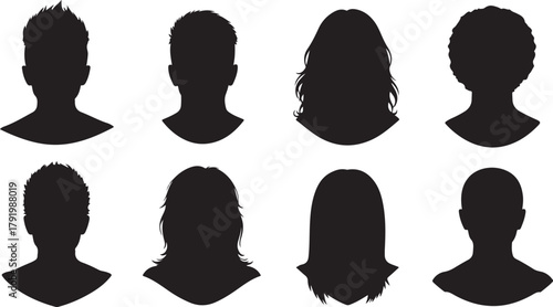 Diverse human head silhouettes with a variety of modern hairstyles