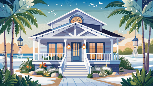 Modern Hamptons-style coastal house veranda with white-painted wood, natural greenery, and soft holiday lights. A chic winter exterior blending beach serenity and festive warmth in timeless style
