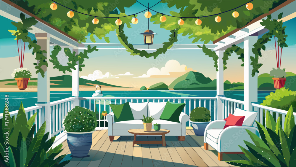 Fototapeta premium Stylish Cape Cod-inspired veranda with soft string lights, green wreaths, and white furniture overlooking the coast. A sophisticated winter holiday exterior radiating calm, warmth, and seaside charm