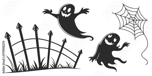 Halloween scene with two ghosts, a spiderweb, and a picket fence with grass in black and white created with generated ai