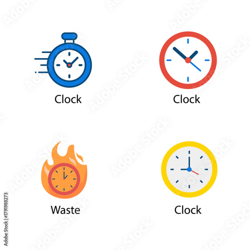 Set of Colorful Clock and Hourglass Icons – Flat and Outline Style Time, Countdown, and Productivity Symbols for Business, Deadline, and Management Concepts
