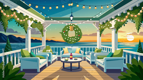 Stylish Cape Cod-inspired veranda with soft string lights, green wreaths, and white furniture overlooking the coast. A sophisticated winter holiday exterior radiating calm, warmth, and seaside charm