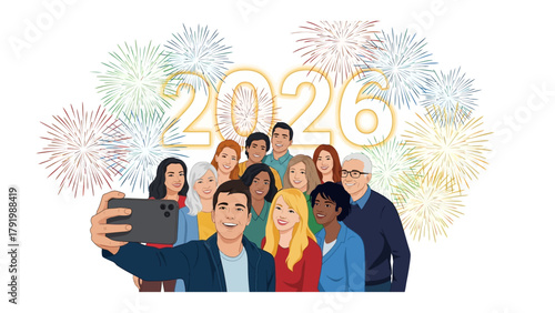 New Year Selfie: a diverse group of people from different backgrounds come together to commemorate the beginning of 2026.