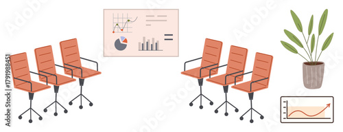 Office chairs around data charts and plant decor, symbolizing teamwork, analysis, growth, planning, productivity, meetings, goals. Ideal for workspace collaboration leadership modern business