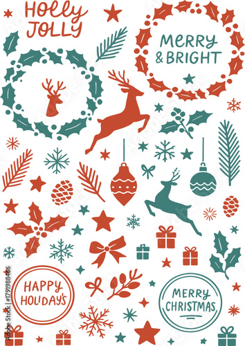 collection of festive Christmas illustrations in red and teal, including holly wreaths, reindeer, snowflakes, ornaments, and holiday phrases like 