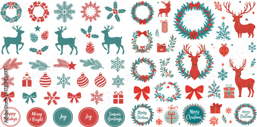A collection of red and teal Christmas icons, including wreaths, reindeer, snowflakes, holly, ornaments, and bows. Festive holiday graphic design elements