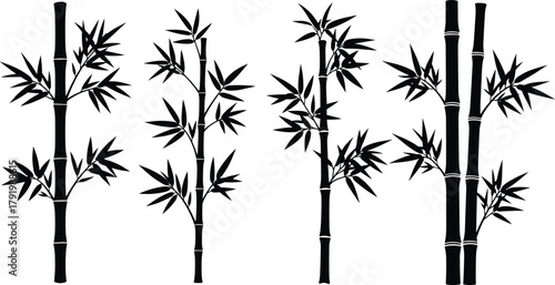 Bamboo stalk silhouette set isolated on white background, black tropical bamboo plants with leaves, vector illustration design