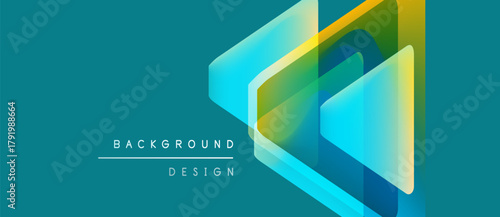 Abstract geometric shapes overlap, creating vibrant layered design. Teal background complements yellow, green hues. Modern aesthetic.