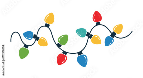 Colorful string of festive christmas lights with red blue yellow and green bulbs on a white background