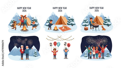 New Year's Celebration Scenes: A festive collection of illustrations capturing the spirit of new year, with scenes of winter camping, bonfires, fireworks, and joyful gatherings.