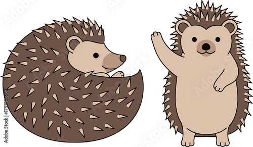  Two cartoon hedgehogs, one curled, one waving, on white background Keywords hedgehog, animal.