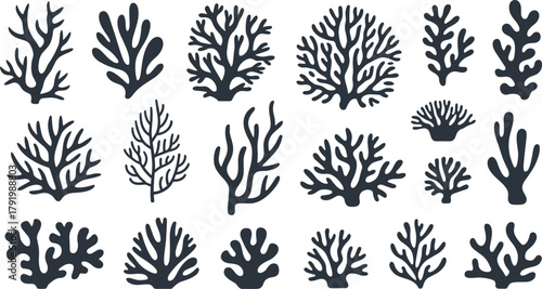 Coral silhouette set, marine seaweed and ocean coral shapes vector collection for underwater reef, aquatic nature illustration design
