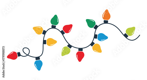 Vibrant string of colorful christmas lights with a festive and whimsical design on a white background