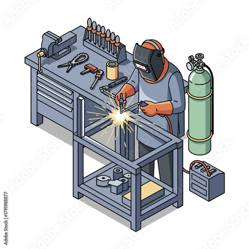Isometric Illustration of a Welder at Work on a Metal Frame.