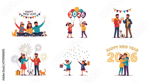 Happy New Year 2026 Celebration Collection: Diverse scenes capturing the essence of New Year's joy and togetherness, featuring families, children, and fireworks. Decorations, balloons.