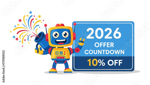 Robotic Offer: A cheerful robot enthusiastically presents an eye-catching offer. Its colorful design and welcoming demeanor create a sense of excitement and highlight the promotional message.