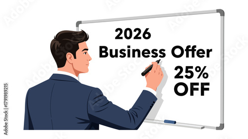 Business Offer: A business person, writing a promotional offer on a whiteboard with an eye-catching percentage discount to showcase the deal