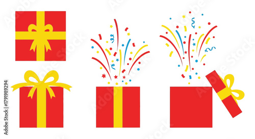 Collection of red gift boxes with yellow ribbons and confetti bursting from open boxes