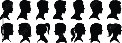 Man and woman head silhouette set, male and female profile vector illustration, people side view portrait collection design