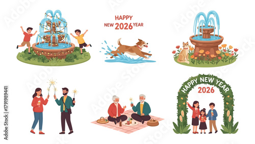 New Year's Celebration: Joyful depictions capture the spirit of the New Year, featuring families, pets, and festive fountains, symbolizing fresh starts and shared happiness.