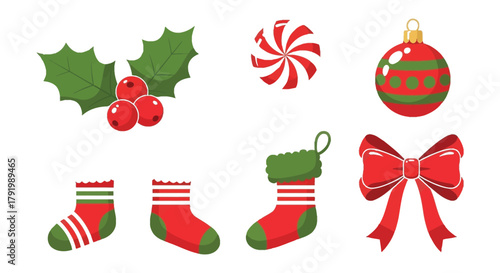 Collection of festive christmas ornaments and decorations including holly berries stockings candy and bow