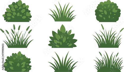 Set of green bushes and grass isolated on white background, garden plants collection, landscape foliage elements, cad drawing flat vector illustration