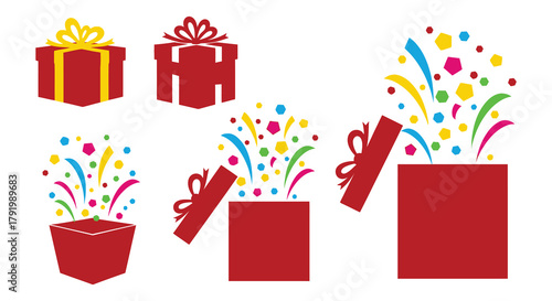 Collection of red gift boxes with colorful confetti bursting out of open boxes for celebrations and surprises