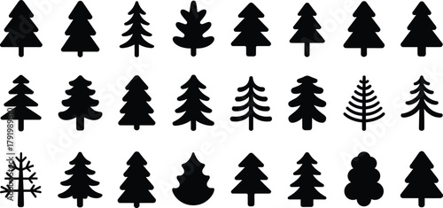 Stylized black tree silhouettes, evergreen conifer icons, forest design elements, botanical nature symbols, cad drawing flat vector illustration set