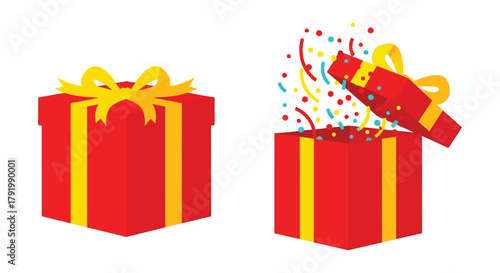 Two red gift boxes with yellow ribbons one closed and one open with confetti exploding