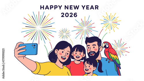New Year Selfie with Fireworks: A cheerful family captures a festive selfie amidst a vibrant display of fireworks, celebrating the arrival of the New Year.