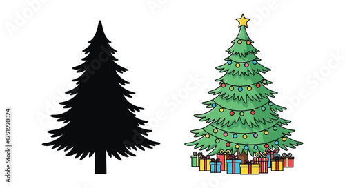 Silhouette of a pine tree next to a decorated christmas tree with presents underneath